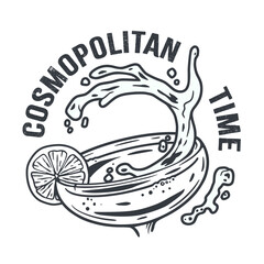 Cosmopolitan cocktail vector with orange zest for cocktail bar or drink summer party. Alcohol cocktail with vodka for tee print of beach bar and cafe menu