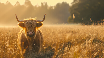Scottish highland cow on a meadow - obrazy, fototapety, plakaty