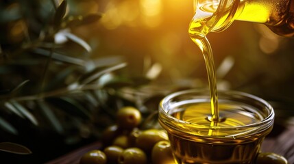 Extra virgin olive oil pours from bottle wallpaper background