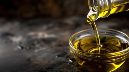 Extra virgin olive oil pours from bottle wallpaper background