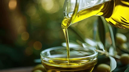 Fototapeten Extra virgin olive oil pours from bottle wallpaper background © Irina