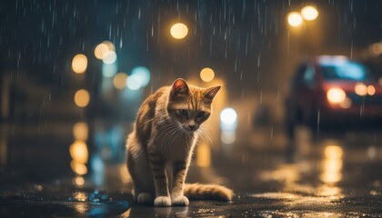 Lonely cat on a rainy street at night