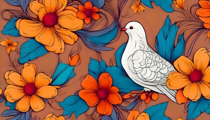 Obraz premium white dove surrounded by flowers in an abstract pattern in multiple colors