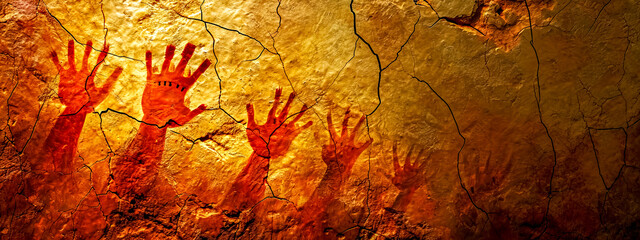  Silhouettes of human hands reaching upwards on a cracked, warm-toned cave wall.