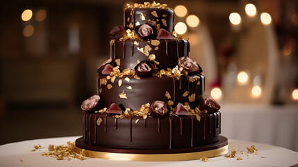 chocholate wedding cake gold details, chocolate, food, brown, dessert, dark, sweet, white, black,...