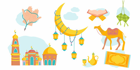 Ramadan Kareem Icons Set. Set of hand drawn Ramadan pre made stickers. Isolated Vector Illustration