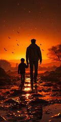 father's love for son at sunset - obrazy, fototapety, plakaty