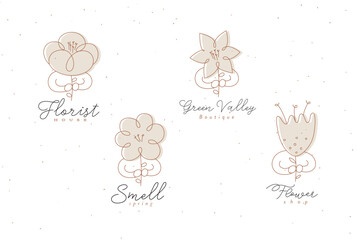 Man with flower labels set drawing in minimalism linear style in beige color on white background