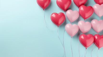 Valentine's day background with pink heart shaped balloons on blue background Red satin bow isolated on white background