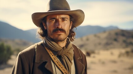 Photorealistic Adult White Man with Brown Curly Hair retro Illustration. Portrait of a person in western movie vintage style. Cowboy spirit Ai Generated Horizontal Illustration.