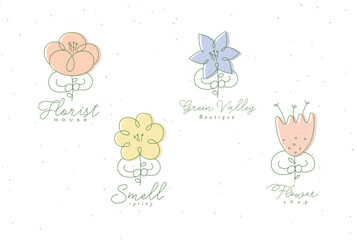 Man with flower labels set drawing in minimalism linear style color