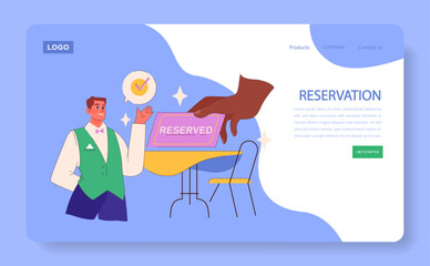 Venue Reservation web or landing. Seamless booking experience visualized, a welcoming host gesturing to a reserved table. Event planning made simple. Flat vector illustration