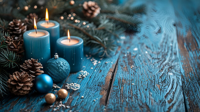 Blue decorations on the wooden table with candles Generative Ai
