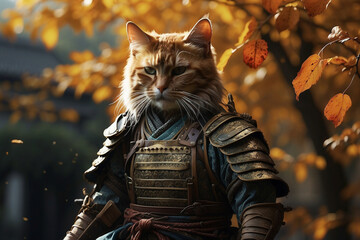 Samurai cat preparing for a fight during autumn