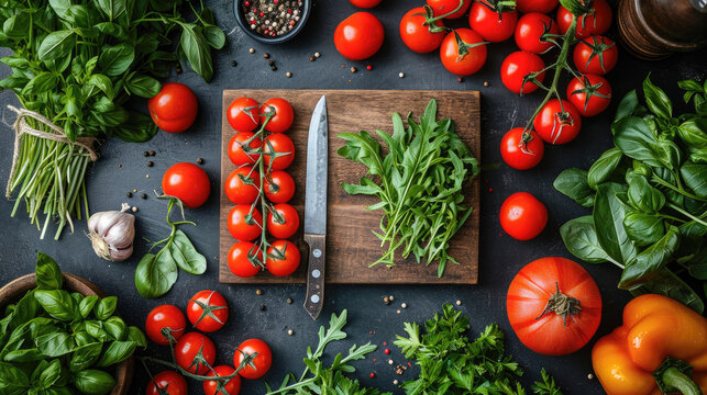 fresh vegetables around the board with knife top view, in the style of uhd image, unusual cropping, cabincore, cottagecore, matte photo