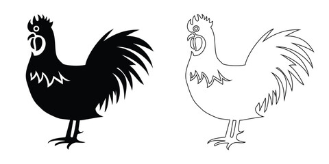 Black cook hen vector illustration. The cook is standing on a white background, and the design is rendered in black and white. Would be perfect for use in a cookbook, recipe blog, or restaurant menu.