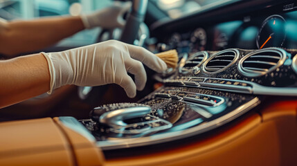 capturing the intricate process of a technician meticulously using a detailing brush to clean the intricate areas of a luxury car's dashboard and console
