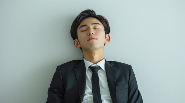 Young, ambitious, business man, black suit, happy face, close eyes. He is sleeping peacefully. white background, ultra realistic photography