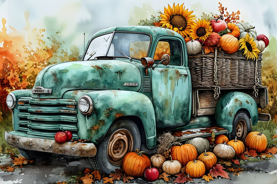 A vintage truck loaded with an autumnal harvest of apples, sunflowers, pumpkins, and beautiful foliage. Perfect for thanksgiving holiday cards or kitchen decor.