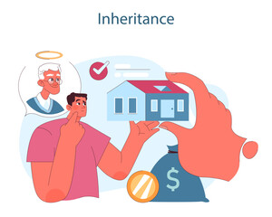 Inheritance. A thoughtful man considers the value of a house and savings as part of an inheritance, with an ethereal figure approvingly overseeing. Flat vector illustration