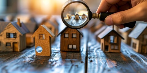 Man's hand using magnifier icon to seek data about residence on miniature wooden house, for locating homes to rent or purchase. SEO.
