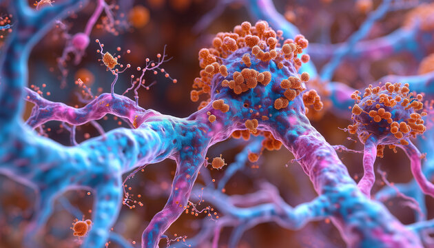 Rare disease is shown in the form of an organism on the blur background, in the style of light magenta and light indigo, photorealistic detailing. 