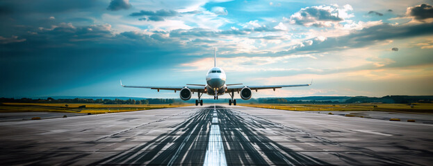An aircraft descends smoothly and gracefully, making a gentle landing on the runway - obrazy, fototapety, plakaty