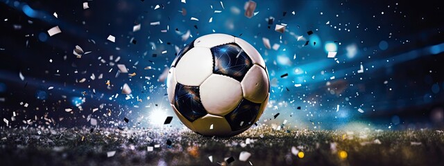 Soccer ball, Close up of a soccer ball in the football stadium with falling confetti. Goal Winning celebration 