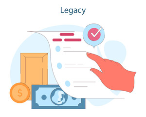 Legacy. A hand finalizes a legacy document, securing financial assets for future generations. A symbol of well-planned estate management. Flat vector illustration