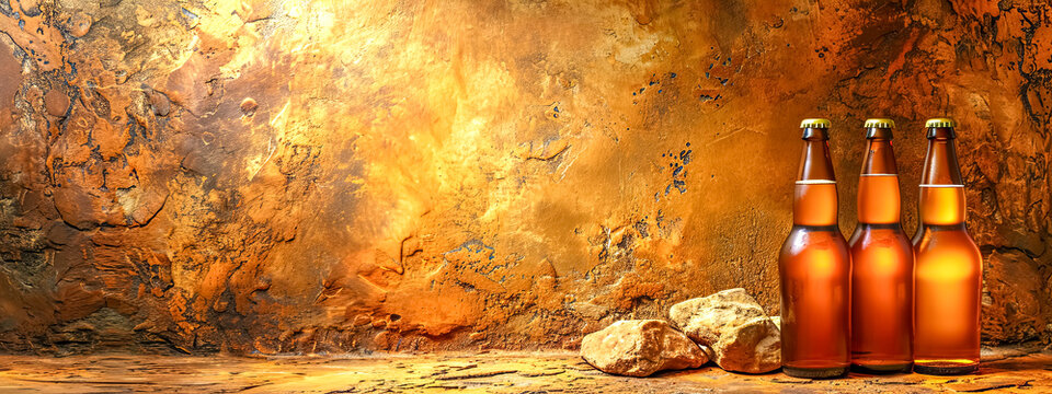  Three beer bottles against a textured orange cave wall with warm ambient lighting.