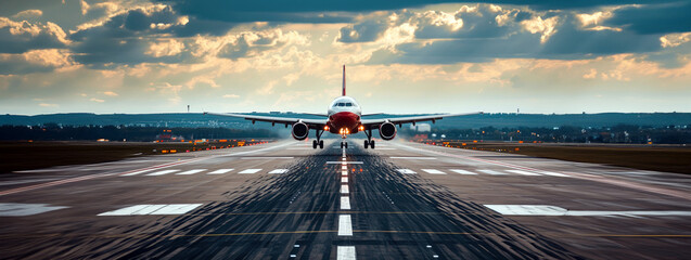 An aircraft descends smoothly and gracefully, making a gentle landing on the runway - Powered by Adobe