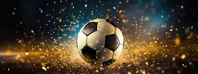 Soccer ball, Close up of a soccer ball in the football stadium with falling confetti. Goal Winning celebration 