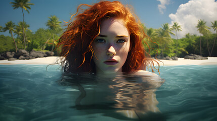 Beautiful redhead girl in the water by the sandy shore