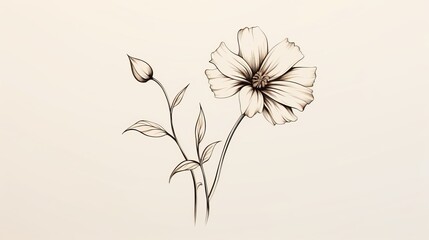Elegant hand-drawn flower illustration in minimalist art style with detailed petals and leaves on a clean, neutral background