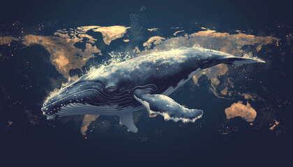 Majestic Whale on the map background. World Marine Mammal Day (Whale Day), World Wildlife Day