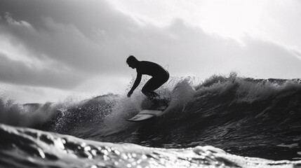 Monochrome Silhouette of Surfer Riding Wave
