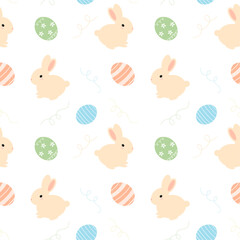 Seamless pattern with rabbits and Easter eggs on white background. Bunny pattern in beige color. Vector illustration in flat style. 