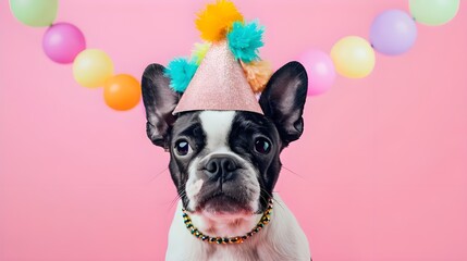 Creative animal concept. Boston Terrier dog puppy in party cone hat necklace bowtie outfit isolated on solid pastel background advertisement, copy text space. birthday party invite invitation