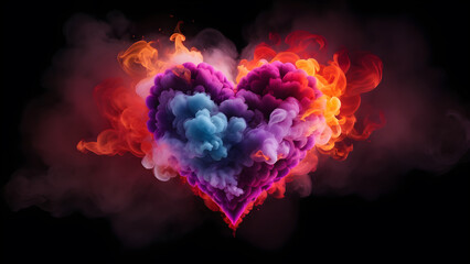 Colorful Valentine's Day heart with smoke and fire - obrazy, fototapety, plakaty