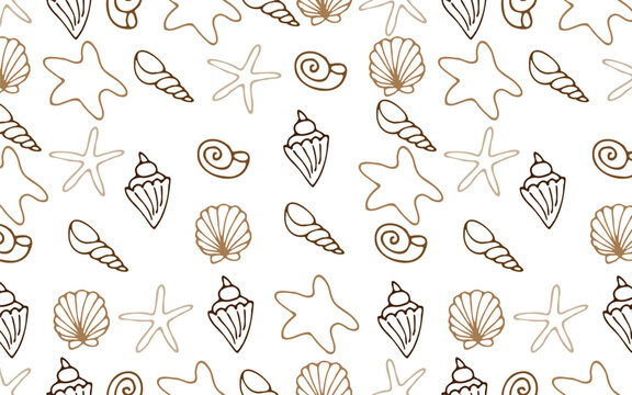 Vector seamless pattern with seashells on a white background.