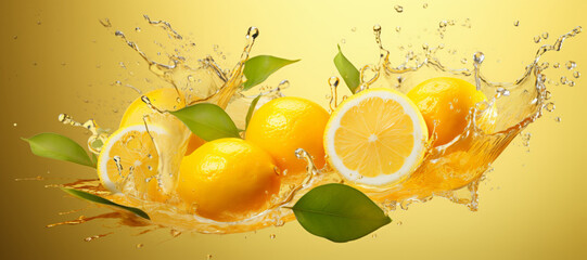 Lemons are in the air. falling, flying fruits and a splash of juice. levitation. a frozen frame.