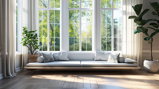 This living room has a large bay window that lets in plenty of natural light, showcasing a potted plant and a cozy window seat