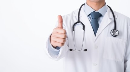 In a striking white coat, a young doctor stands against a gray background, beaming with a raised thumb, projecting confidence and approachability.