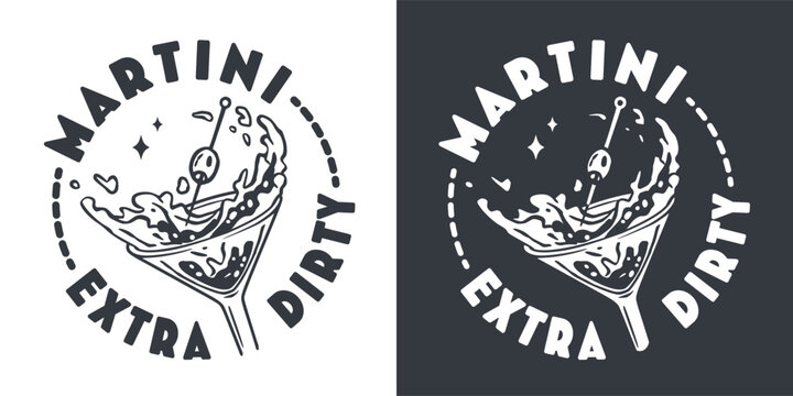 Martini cocktail vector with olive and splashes for alcohol for cocktail bar or drink party. Monochrome print or logo design with glass of martini for bartender or barman