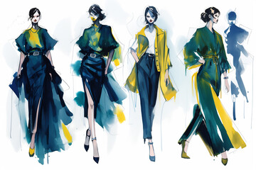 Dynamic Couture: Bold Watercolor Fashion Sketches - obrazy, fototapety, plakaty