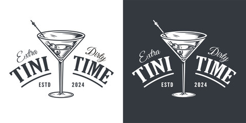 Martini cocktail vector with olive and splashes for alcohol for cocktail bar or drink party. Monochrome print or logo design with glass of martini for bartender or barman