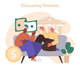 Discussing finances. Mature couple engaged in a lively conversation about money and savings. Financial planning in later life. Flat vector illustration