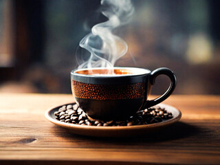 Fototapeta premium Close-up coffee cup on a wooden table