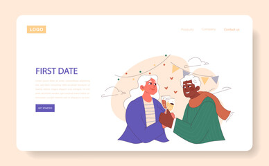 First Date web or landing. Joyful elderly couple sharing a toast on their first date, celebrating new beginnings. Love's fresh chapter. Flat vector illustration