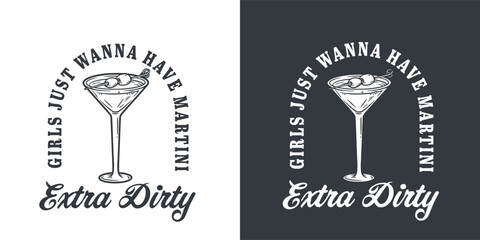 Martini cocktail vector with olive and splashes for alcohol for cocktail bar or drink party. Monochrome print or logo design with glass of martini for bartender or barman
